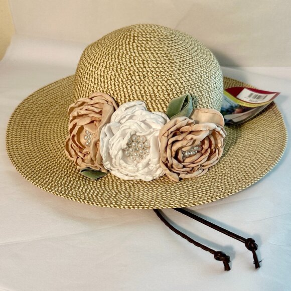Elegant Women's Tweed Sun Hat With Satin Flowers And Pearls Special Event (NEW) - Picture 10 of 14